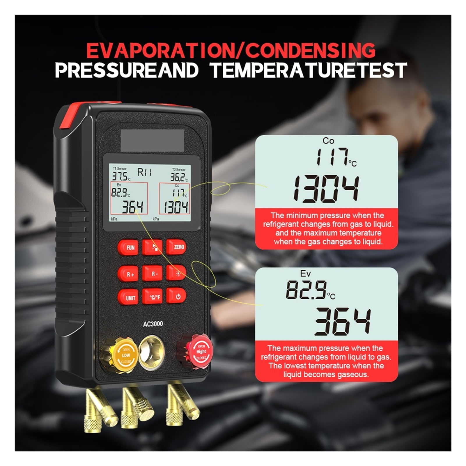 AC3000 Digital Manifold Meter Refrigeration Vacuum Gauge Digital Pressure Temperature Tester Air Conditioning Tools