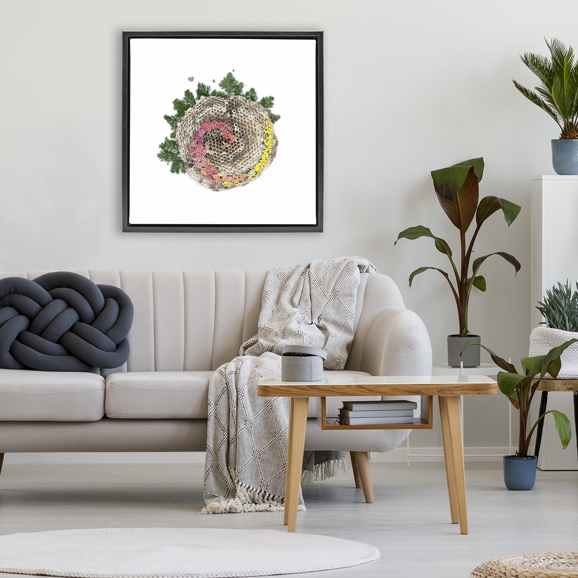 Stupell Industries Honeycomb with Botanicals Black Framed Floater Canvas Wall Art, design by Beth Adoette
