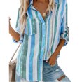 thumbnail image 1 of Camisa de rayas verticales para mujer, blusas a rayas de fibra de poliéster transpirables de manga larga con solapa a rayas para uso diario, 1 of 5