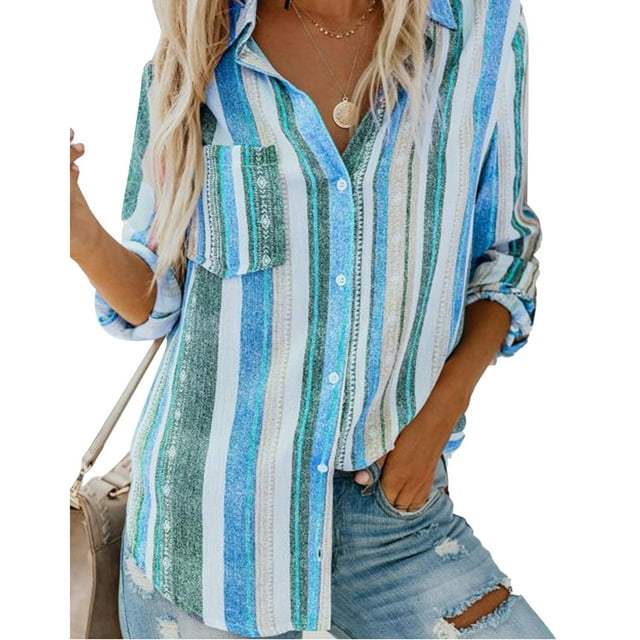 Camisa de rayas verticales para mujer, blusas a rayas de fibra de poliéster transpirables de manga larga con solapa a rayas para uso diario