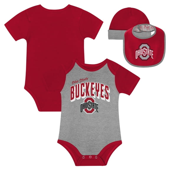 Newborn & Infant Ohio State Buckeyes Dynamic Duo Bodysuit, Bib & Cuffed Knit Hat Set