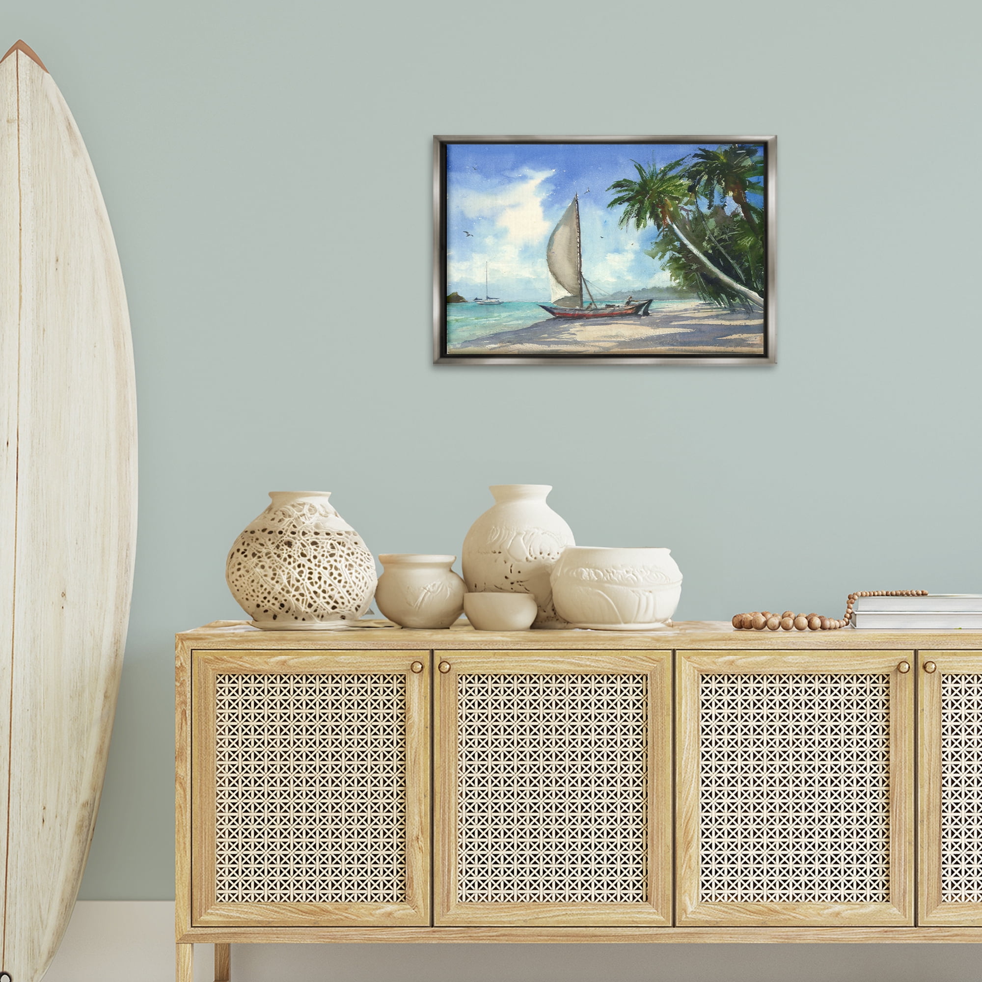 Stupell Industries High & Dry Boat on Shore Nautical & Beach Painting Gray Floater Framed Canvas Art Print Wall Art, 25 x 17