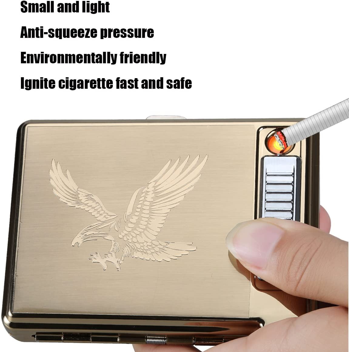 Moonwbak Cigarette Case Lighter, Metal Full Pack 20 Regular Cigarettes Box Holder USB Rechargeable Cigar Lighter Flameless Windproof with USB Cable Best for Birthday Gifts (Eagle)