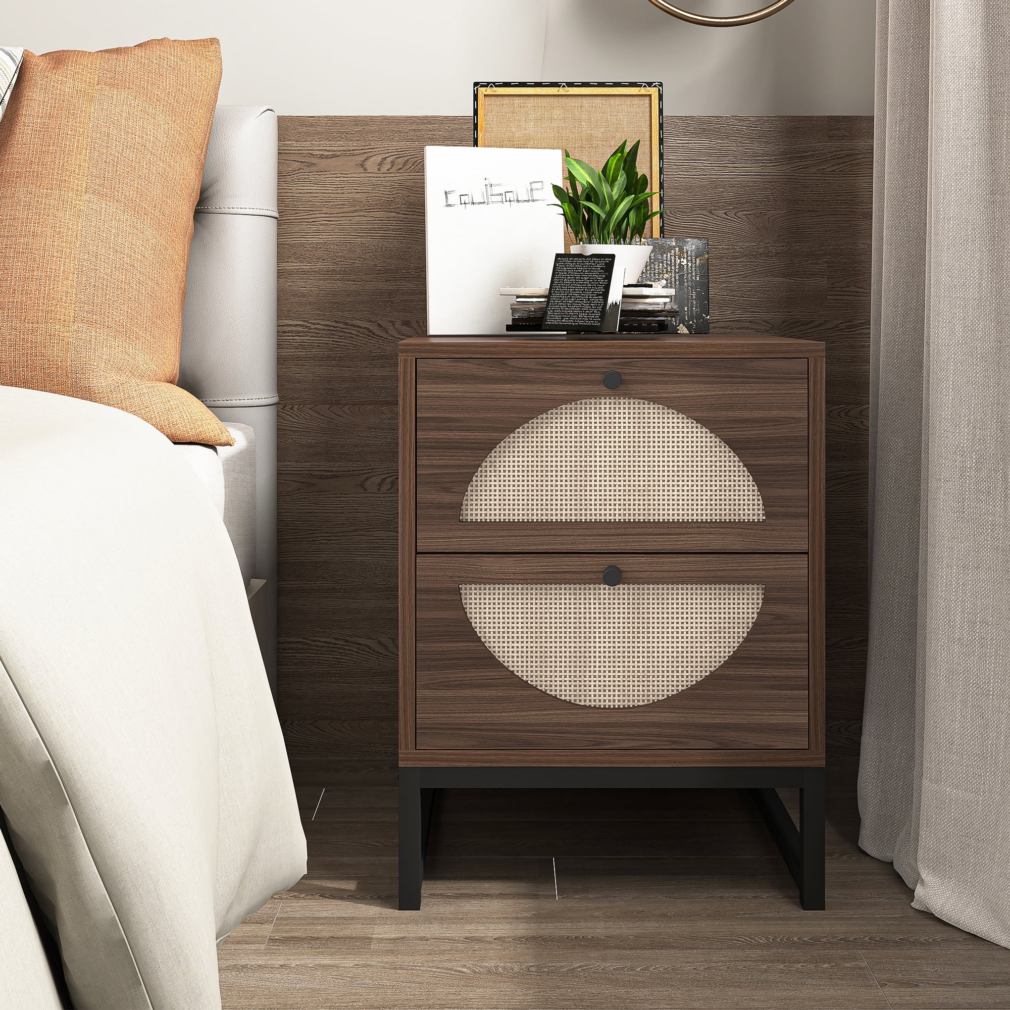 Kepooman Bedside End Table with 2 Hand Made Rattan Decorated Storage Drawers, Nightstand Side Table for Bedroom and Living Room, Walnut Kepooman Bedside End Table with 2 Hand Made Rattan Decorated Storage Drawers, Nightstand Side Table for Bedroom and Living Room, Walnut