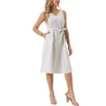 thumbnail image 4 of Vestido de lino sin mangas para mujer Inspire Chic, con escote en V, cinturilla con lazo, corte A, vestido de verano con bolsillos, color beige, 4 of 6