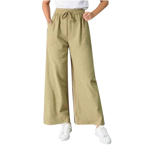Lenpel Palazzo Pants for Women Drawstring Elastic High Waisted Striped Wide Leg Pants Baggy Casual Trousers with Pockets(Yellow,X-Large)