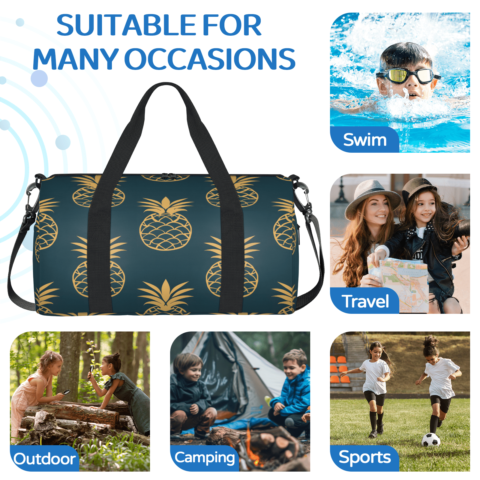 Herdesigns Pineapple Travel Duffle Bag Sports Yoga Weekender Overnight Carry on Workout Bags Lightweight Waterproof Gym Tote Bag for Women Golden