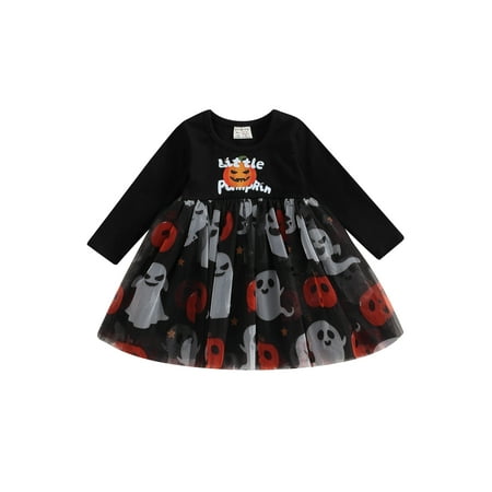 

Qtinghua Toddler Baby Girls Halloween Dress Pumpkin/Ghost Print Long Sleeve Tulle A-Line Dress Black 2-3 Years