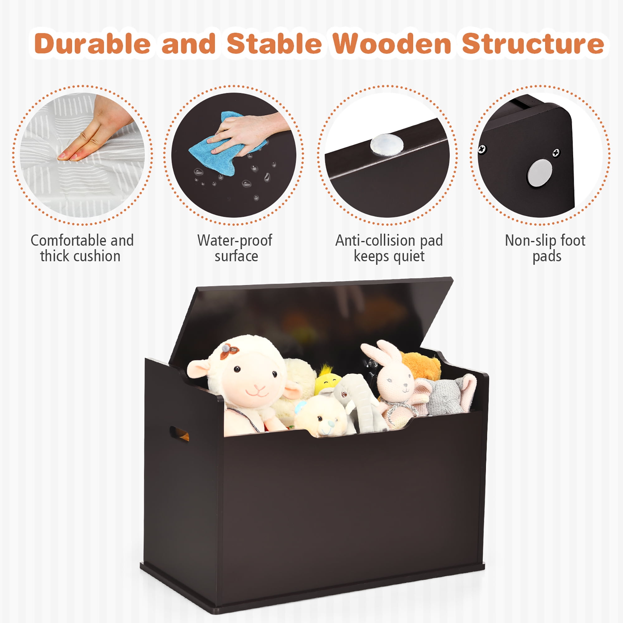 Costway Kids Toy Box Wooden Flip-top Storage Chest Bench W/ Cushion Safety Hinge Brown