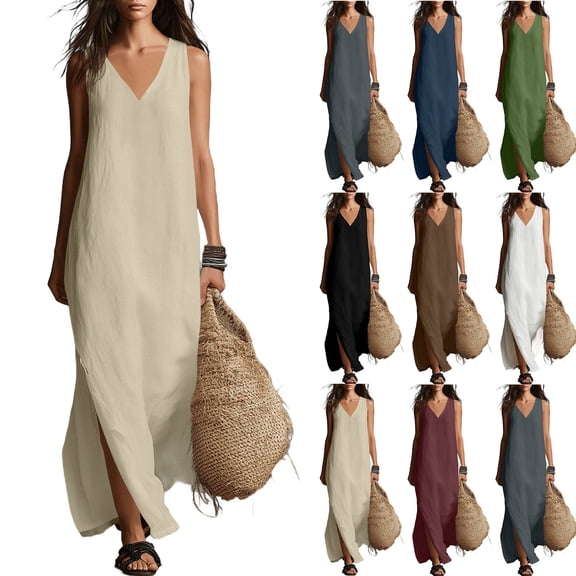 FAIWAD Linen Dress Women V Neck Sleeveless Side Slit Maxi Dresses Loose Casual Flowy Boho Sundress