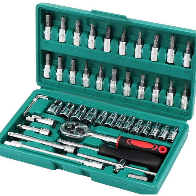 Juego de enchufes de 46 piezas de 1/4 "con barras de extensión de llave de trinquete de liberación rápida para bicicleta de motor de coche