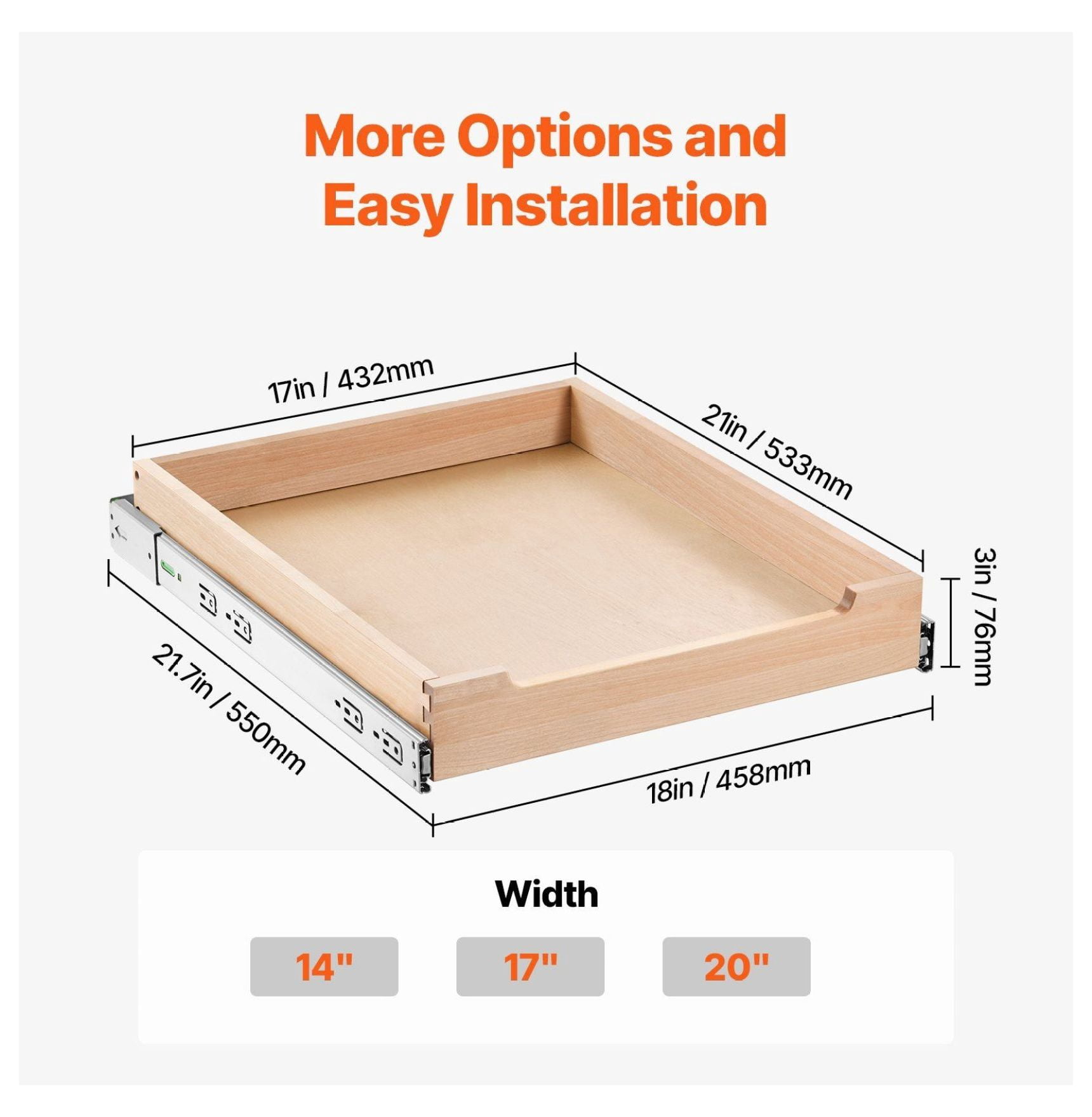 Pull Out Cabinet Organizer, 17"W x 21"D Wood Sliding Shelf - Soft Close Kitchen Cabinet Drawer, Birch Wood, Single Tier - Under Sink Organizer, Base Cabinet Storage