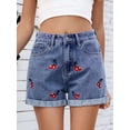 thumbnail image 5 of Womens Mid-High Waisted Cherry Embroidery Denim Jean Shorts Cutoff Stretchy Summer Hot Short Pants Blue S, 5 of 9