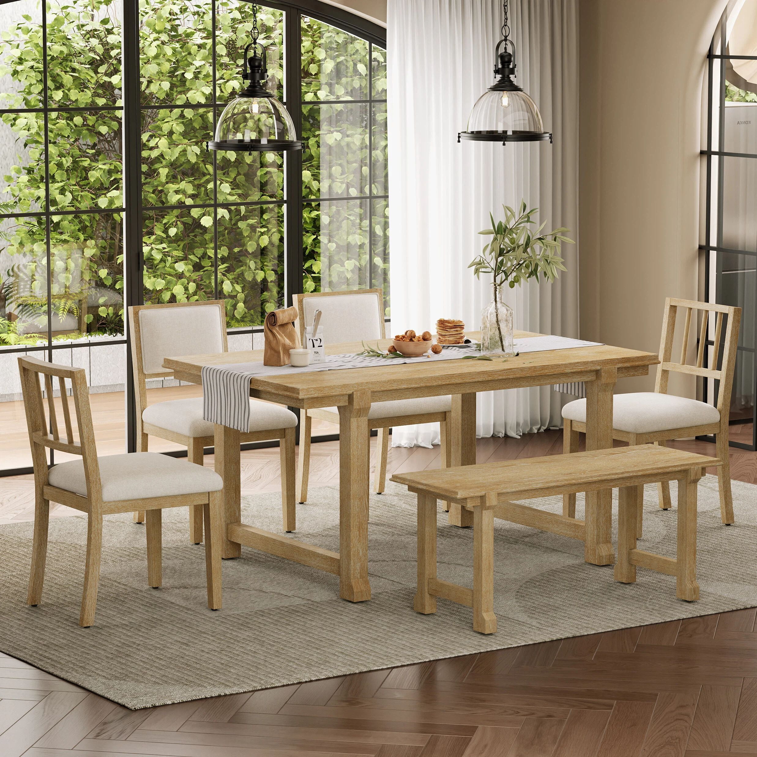 Euroco 6-Piece Farmhouse Dining Table Set for 6, 59.8" Space Saving Kitchen Table & Chairs Set with Wood Frame,Ideal for Kitchen & Dining Room, Restaurant,Natural