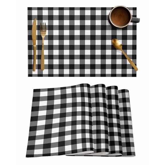 Placemats Set of 6, Black White Plaid Woven Placemat, Linen Place Mats for Kitchen/Dining Tables, Modern Simple Buffalo Check Gingham Washable Table Mats for Party