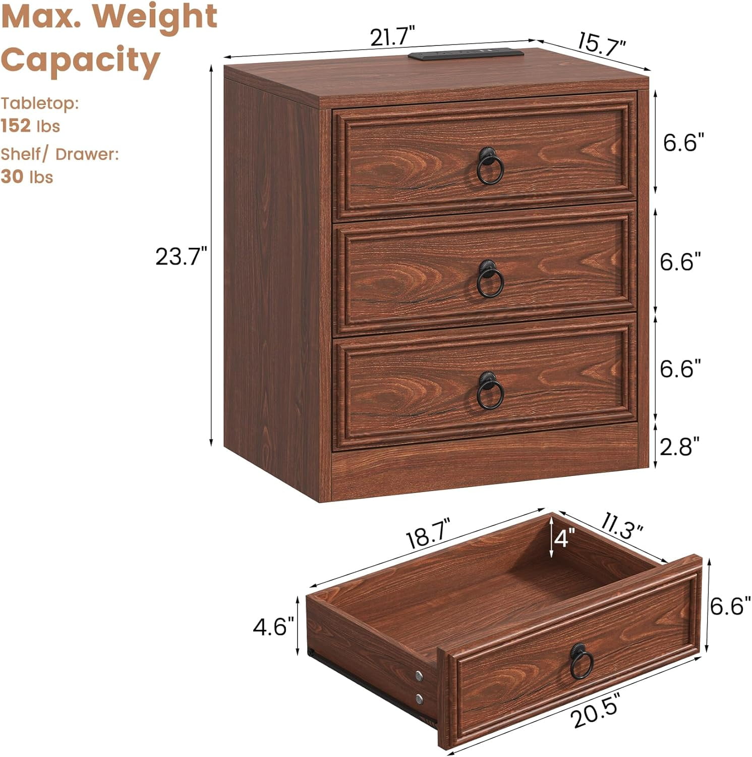 Winkalon 3 Drawers Farmhouse Nightstand with Charging Station, Rustic Bedside Tbale with Drawers for Bedroom, Vintage End Table for Bedroom Living Room, Cherry