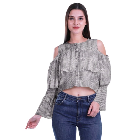 Moomaya Button Front Cold Shoulder Top Printed Casual Loose Blouse Short Top