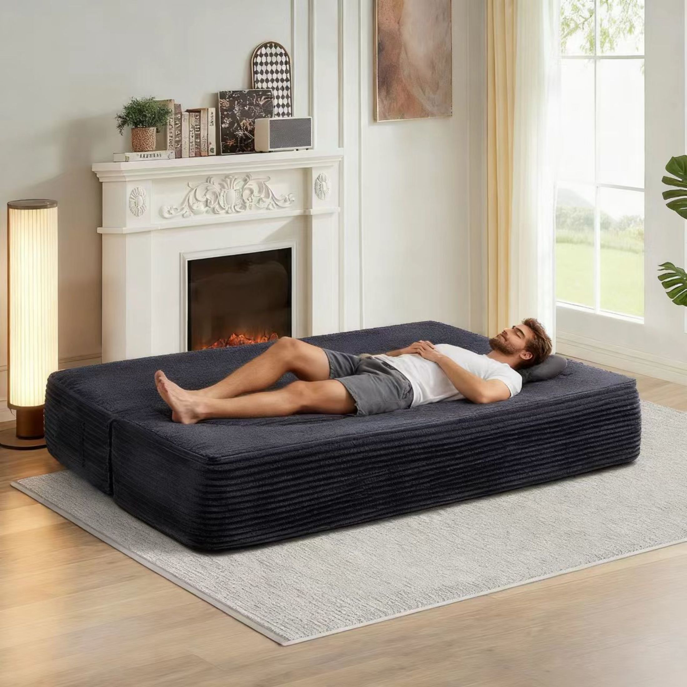 Noble House Solley 79" Folding Sofa Bed, Corduroy Tri-Fold Floor Double Sofa, Space-Saving Guest Bed, Dark Grey