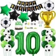 29PCS Soccer Birthday Party Decoration Sports Theme Football Party Supplie Champion Trophy Foil Balloon 10th Happy Birthday Banner Green White Black Soccer Balloons Cake Topper for Soccer Fans