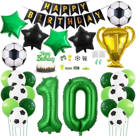 29PCS Soccer Birthday Party Decoration Sports Theme Football Party Supplie Champion Trophy Foil Balloon 10th Happy Birthday Banner Green White Black Soccer Balloons Cake Topper for Soccer Fans