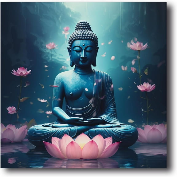 Buddha Canvas Wall Art Buddha Statue & Lotus Flower Painting Prints Zen Pictures Buddhist Spiritual Artwork for Yoga Spa Meditation Room Framed(Picture-5, (16.00" x 16.00"))