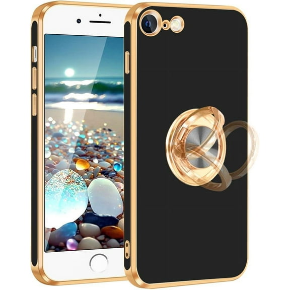 iPhone SE 2022 Case,iPhone SE 2020 Case[with 360° Ring Holder Stand][Rotatable Magnetic Kickstand][Shiny Plating Gold] Slim Soft TPU Shockproof Protective Case for iPhone 8/7 for Men Boy,Black