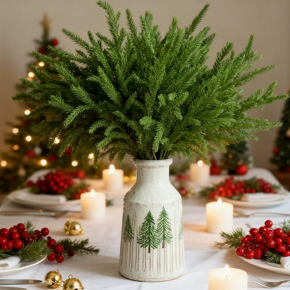 BITOUSHI 18 Inch Artificial Green Pine Stem - Real Touch Christmas Greenery Pines Branches for DIY Flower Arrangement Home Indoor Christmas Decor - 6 PCS