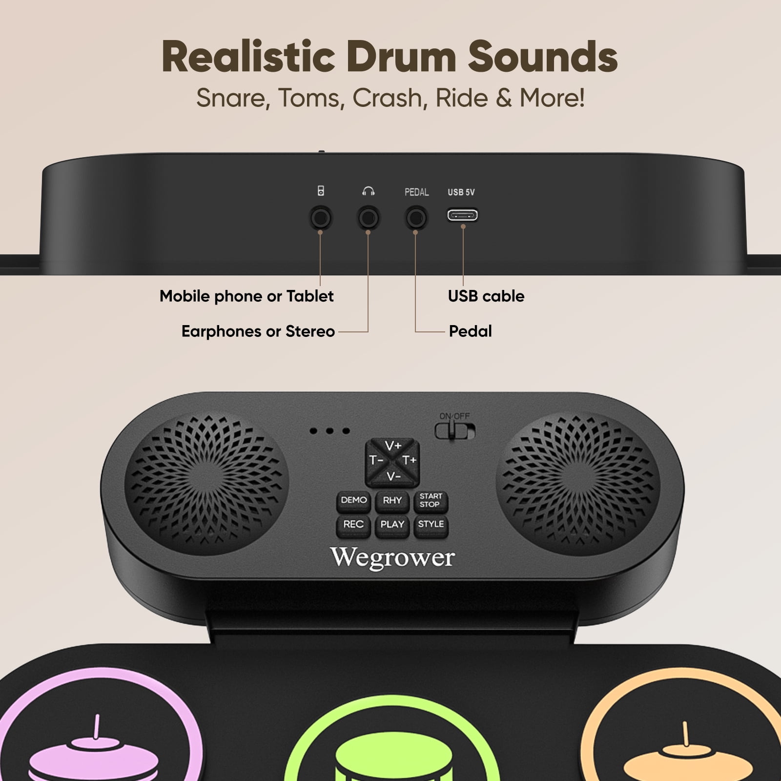 7-Pad Electronic Drum Set for Kids, Portable Electric Drum Kit with Built-in Speaker & Headphone Jack, Kids Drum Set for Beginners Toddlers 3-5 with Pedals & Drumsticks