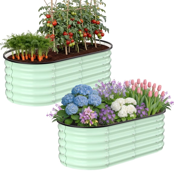 Garvee 2-Pack Galvanized Raised Garden Beds 3.5 x 3.5 x 1.4 ft, Oval & Rounded Square Metal Planter Boxes with Open Bottom for Vegetables Flowers – Olive Green