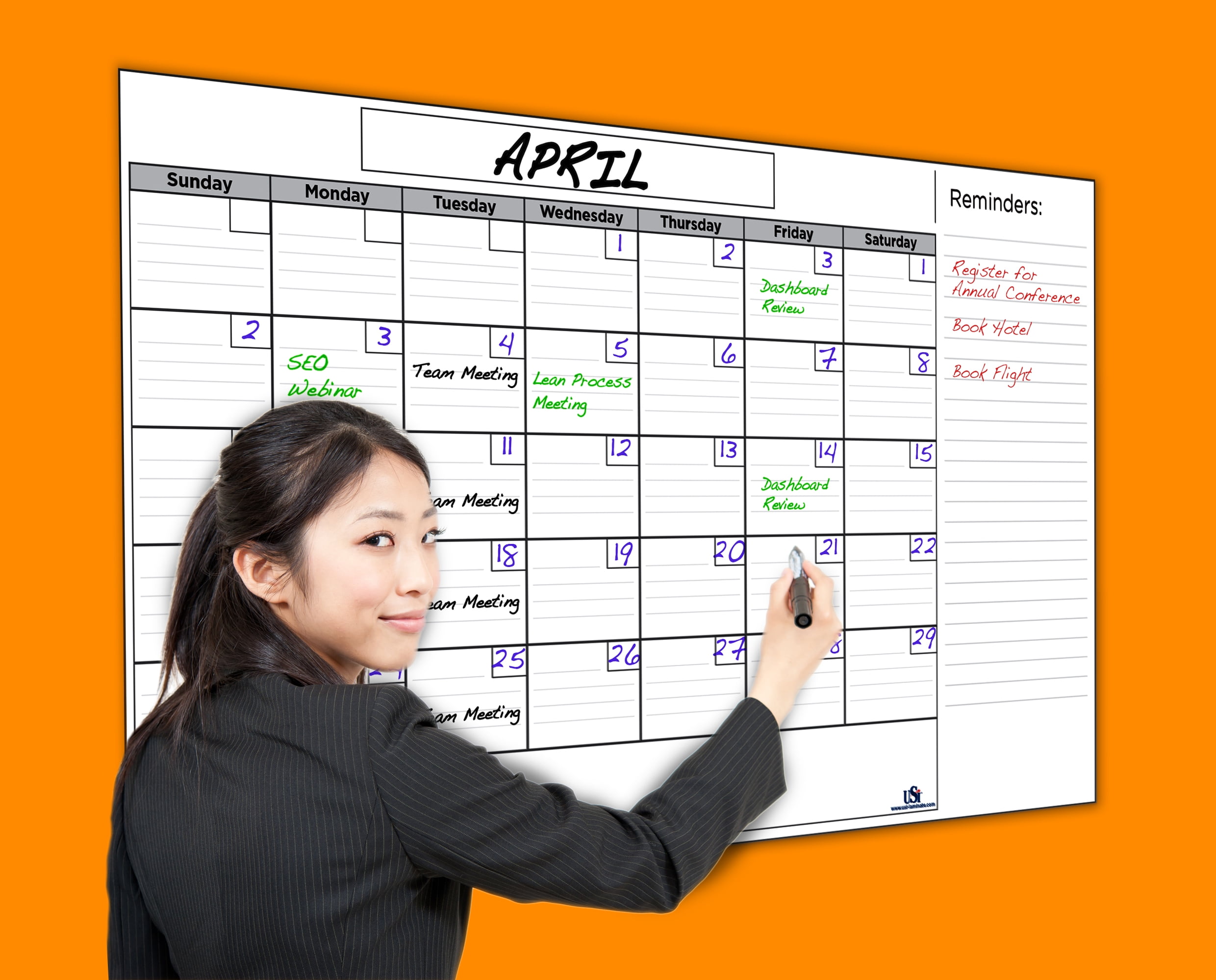 USI Dry Erase Calendar, 36"x60"; WIPES 100 CLEAN NEVER LEAVES MARKER