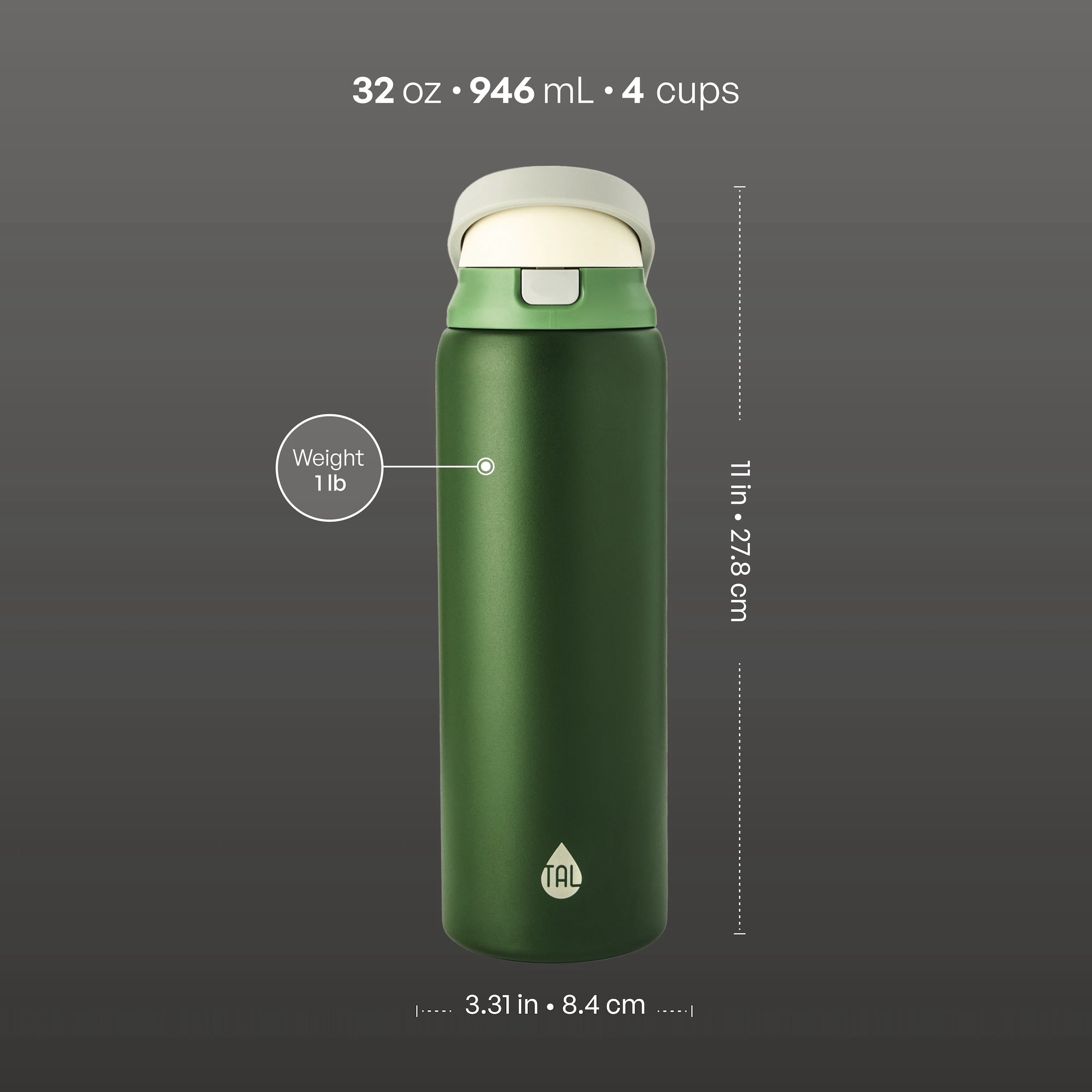 TAL 32oz Stainless Steel 2-in-1 Water Bottle with Straw and Chug Lid, Army