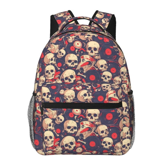 Easygdp Skull rock music record Mochila Ergonómica Versátil para Laptop - Múltiples Bolsillos, Correas Ajustables, Unisex para Escuela, Viajes y Actividades al Aire Libre-One Size