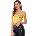 thumbnail image 1 of Tops cortos con hombros descubiertos para fiesta de clubwear metalizados brillantes para mujer Oro S, 1 of 5