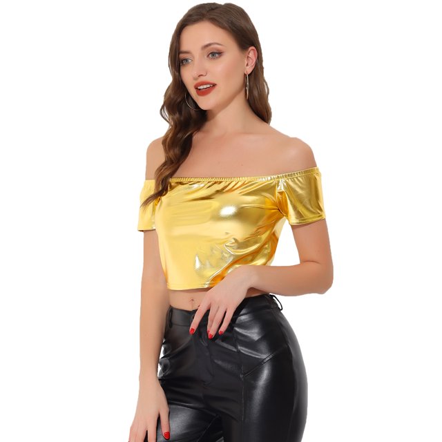 Tops cortos con hombros descubiertos para fiesta de clubwear metalizados brillantes para mujer Oro S