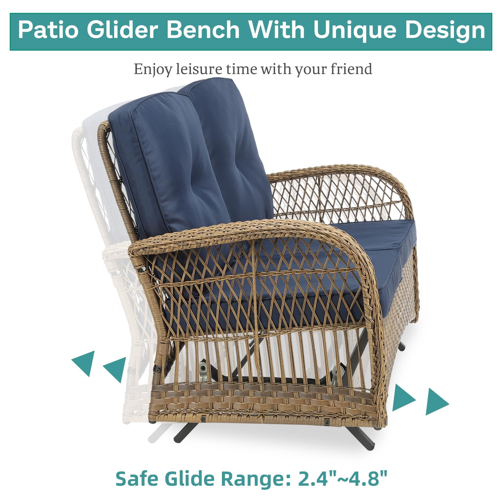 MEETWARM 7 Pieces Outdoor Patio Rattan Furniture Sets, All Weather Patio Wicker Conversation Set- 2 Rocking Chairs, 2 Swivel Chairs, 1 Loveseat Glider w/Cushions, 2 Glass-Top Coffee Table, Navy Blue