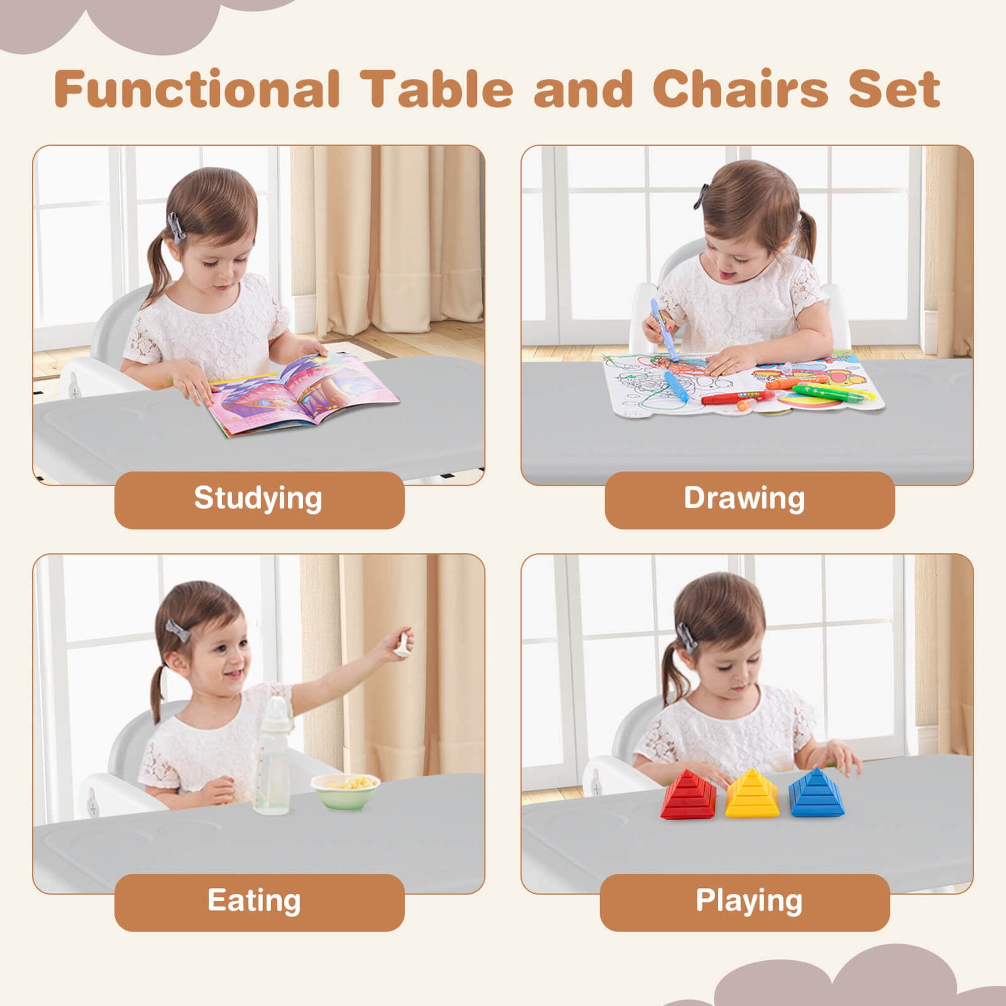 Costway 3-Piece Kids Table and Chair Set Toddler Activity Study Desk with Building Blocks Gray