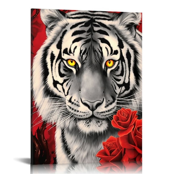 COMIO Black and White Tiger Canvas Wall Art Animal Wildlife Cool Tiger in Burgundy Red Flowers Painting Prints Gallery Wrap Artwork for Living Room Bedroom Home Office 16x20in