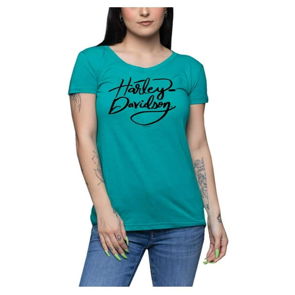 Harley-Davidson Women's Scribble Pop Round Neck Short Sleeve Tee – Jade (L), Harley Davidson
