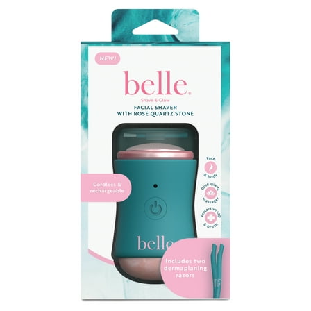 Belle Women's Electric Facial Shaver, Rechargeable, Rose Quartz Massager, with 2 Dermaplaning Razors