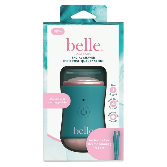 Belle Women's Electric Facial Shaver, Rechargeable, Rose Quartz Massager, with 2 Dermaplaning Razors