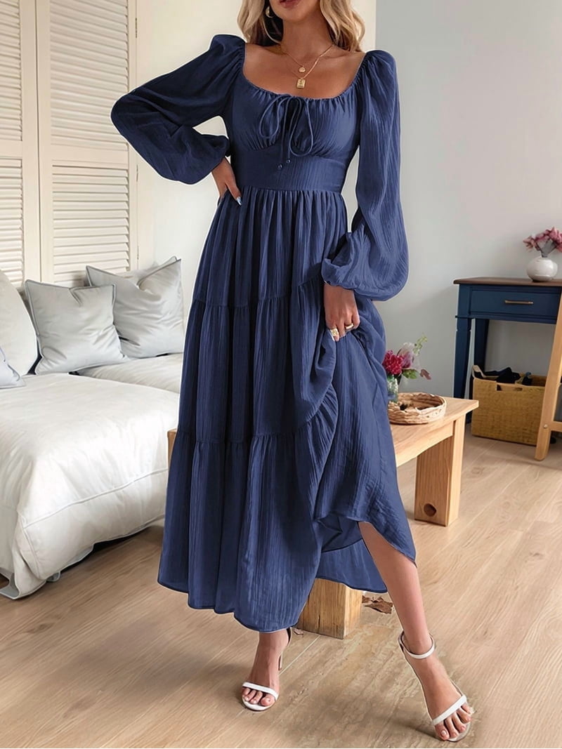 Womens Vacation Style French Dress Long Sleeve Waist Tied Casual Midi Dress  Elegant Green L