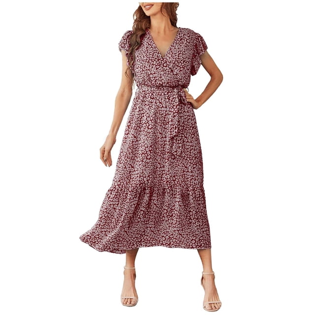 Robe à Manches Courtes pour Femmes Robes pour Femmes à Manches Courtes Col en V à Volants Robe Midi à Imprimé Floral avec Ceinture