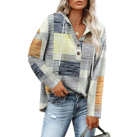 Ahdbta Plaid Hoodies for Women V Neck Oversized Hooded Pullover Sweatshirts Casual Loose Button Down Long Sleeve Shirts Fall Tops