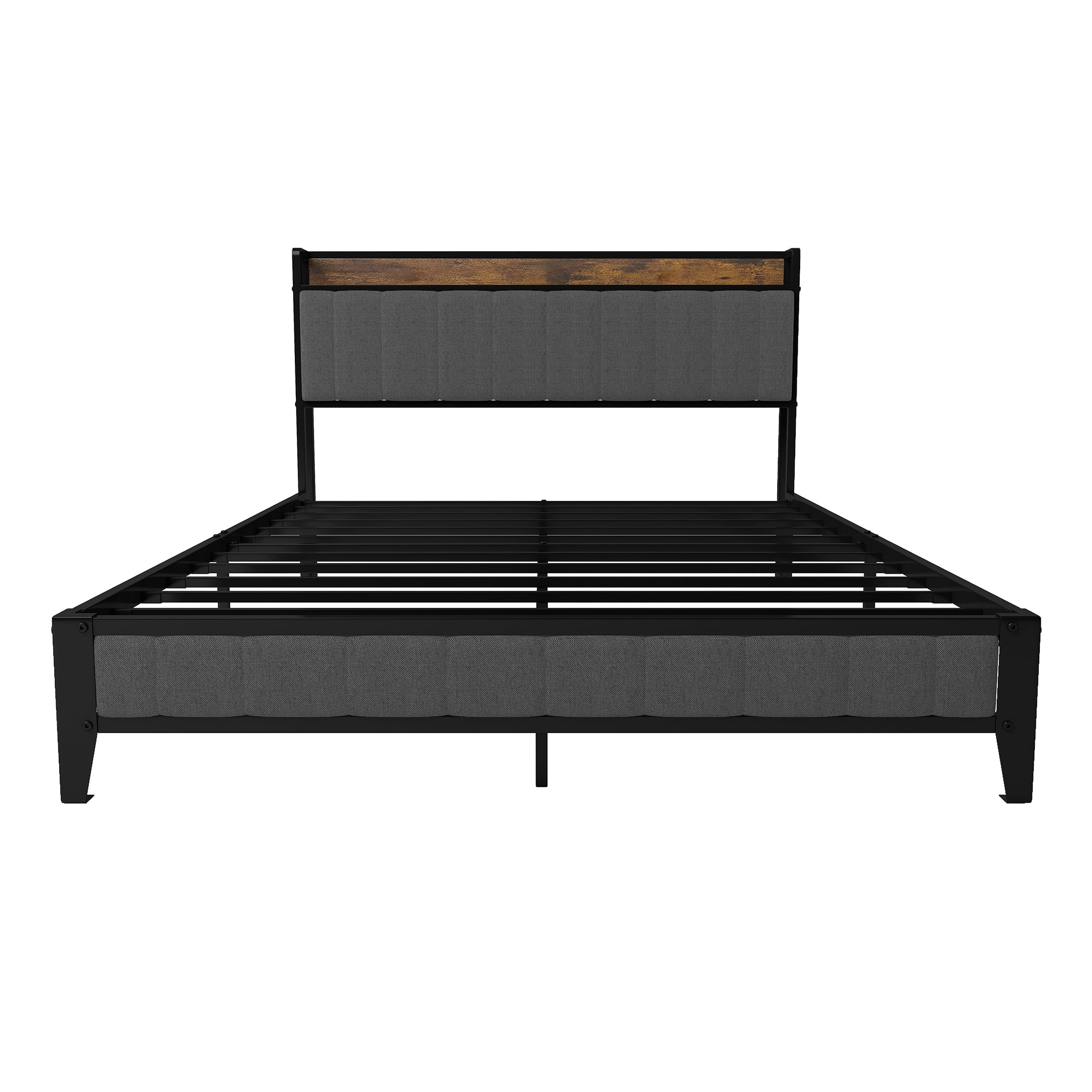 PORKISS Queen Size Bed Frame, Metal Platform Bed with Upholstered Headboard and Charging Station, Modern Queen Bed Frame with Metal Slats for Adults, No Box Spring Needed, Light Grey