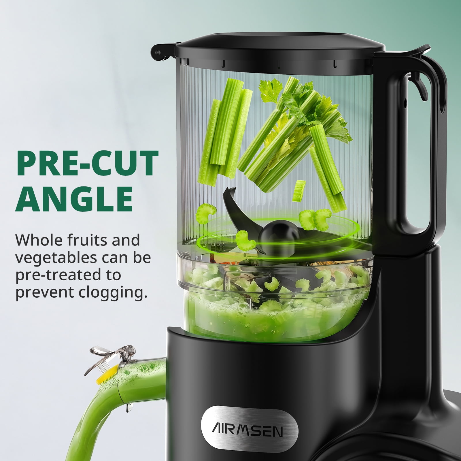 AIRMSEN Cold Press Juicer Machine with 6" Wide Feed Chute, 300W Slow Masticating Juicer, Easy-to-Clean Electric Juicer for Whole Fruits and Vegetables, BPA-Free, Black