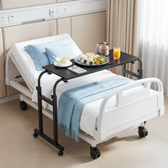 Adjustable Height & Length Overbed Table with Wheels - Mobile Recliner Desk, Tilting Laptop Tray, Heavy Duty Metal Stand for Bed, Sofa, Recliner