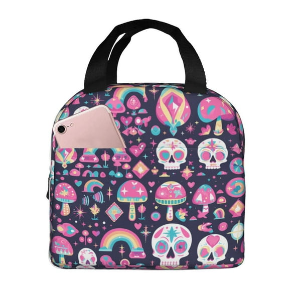 Easygdp cute Skull rainbow mushroom Bolsa Térmica Premium - Tela Oxford Impermeable, Gran Capacidad, Bolsillo Frontal, Unisex para Trabajo, Escuela, Actividades al Aire Libre y Picnics