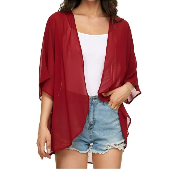 jsaierl Women's Solid Puff Sleeve Kimono Cardigan Loose Chiffon Cover Up Casual Blouse Tops