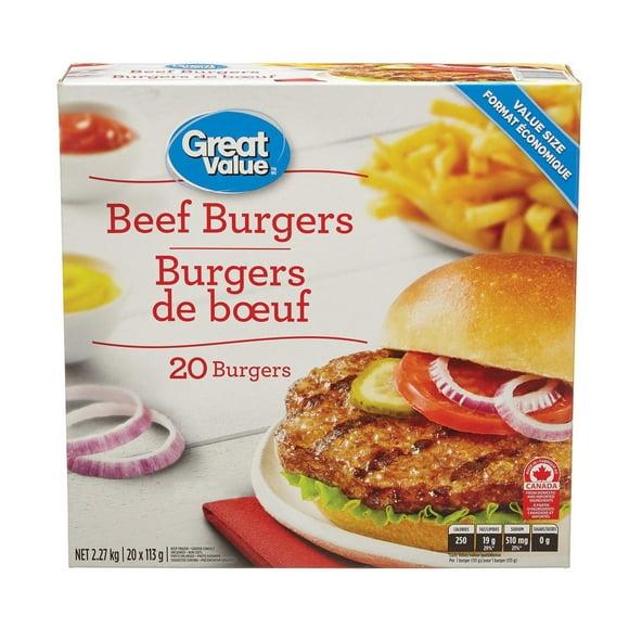 Format économique de burgers de bœuf surgelés Great Value 20 x 113&nbsp;g, 2,27 kg