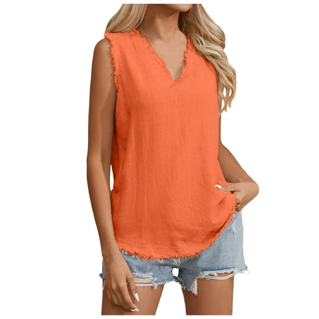 TSADFHJI Tank Tops for Women Plus Womens Sleeveless Ruffled V Neck Tops Summer Linen Tank Tops Solid Color Edge Hem Camisoles Xl Orange